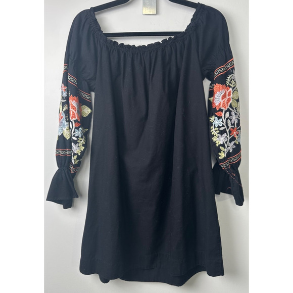 Free People Dress M Fleur Du Jour Black Embroidered Off Shoulder Mini Boho C16 - Picture 7 of 9